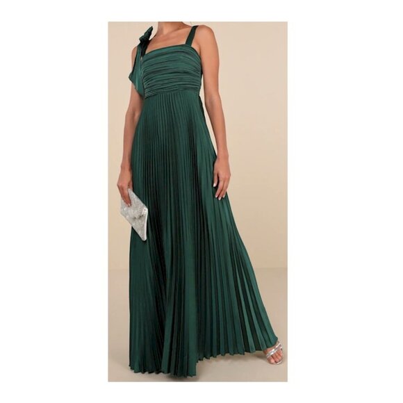 Lulus Gorgeous Purpose Emerald Green Pleated Bow Maxi Dress Size Medium New NWT - Picture 7 of 8